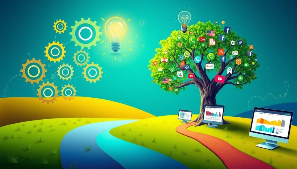 Imagen creativa con un arbol y trabajos de agencia digital