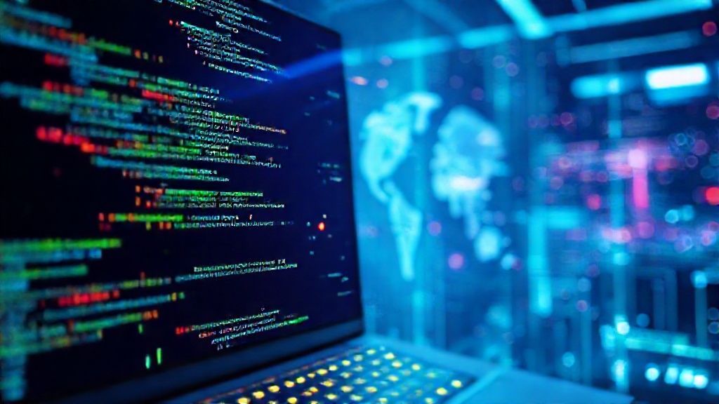 "Vibrant digital web development scene. Code flowing, browser window, global connectivity, modern, clean.