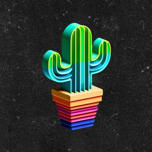 "Logo Nuevo Cuadrado: Cactus 3D vibrante con pot de arcoíris."